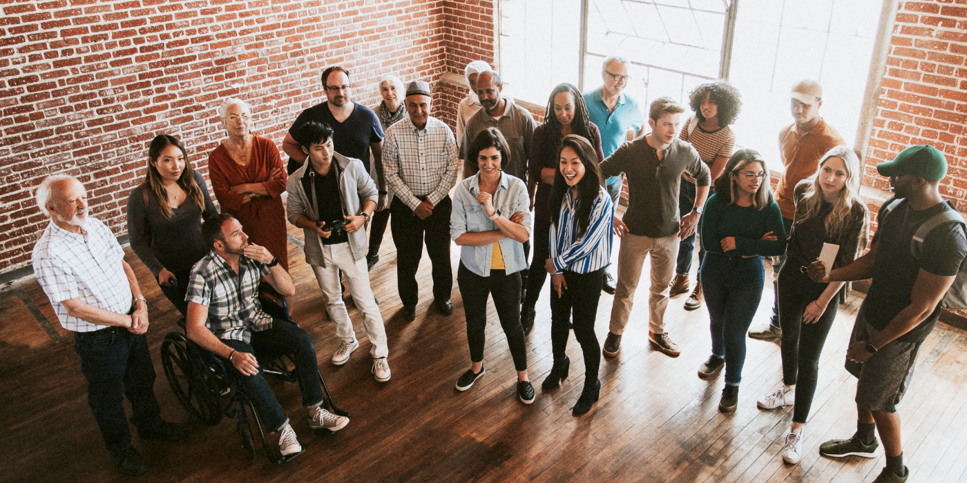 A group of happy people in an office building